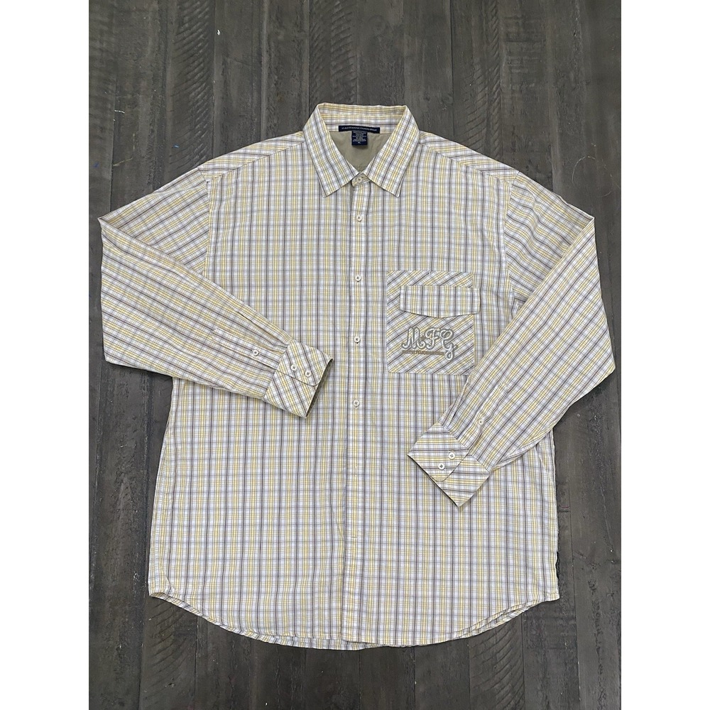 VTG Girbaud Yellow Plaid Button Up Shirt XL Mens Big Embroidered Logo Baggy Y2K